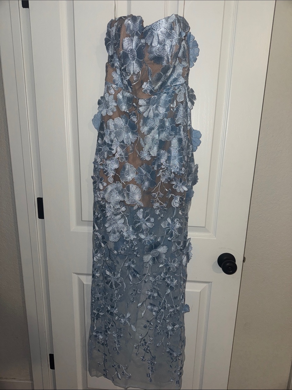 Showpo Strapless Light Blue Floral Applique Gown